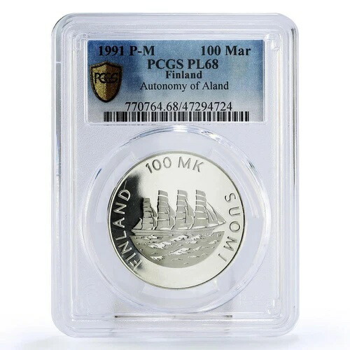 フィンランド 100 マルカア オーランド オートノミー シップ クリッパー PL68 PCGS 銀貨 1991