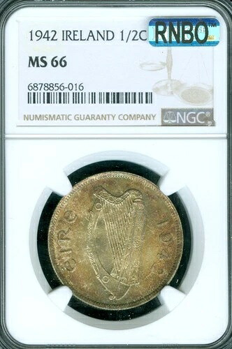 1942年 アイルランド ハーフ クラウン NGC MS66 PQ MAC RNBO レインボー ゴージャス 2点のみ FINER 。