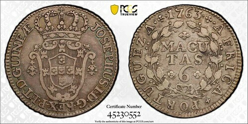 1763年 アンゴラ 6マクタス PCGS XF40 ポップ1/0 ファイナー レア キーデイト 非常に美しい 2013年