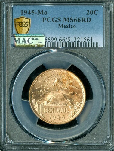 1945年 メキシコ 20センターボ PCGS MS66 レッドマック 2ND FINEST REGISTRY & SPOTLESS RARE *｜WORLD RESOURCE【QUEEN店】