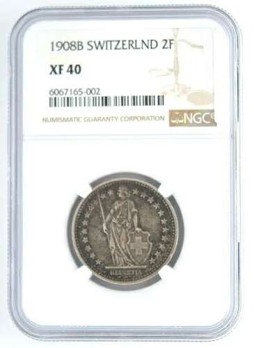 1908 B スイス 2フラン 認定 NGC XF 40 KM# 21 銀貨 スラブ付き