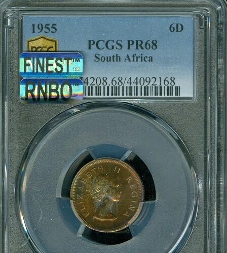 1955年 南アフリカ 6ペンス PCGS PR68 MAC FINEST GRADE & MAC RAINBOW *｜WORLD RESOURCE【QUEEN店】