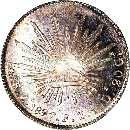1897 Zs-FZ メキシコ 8レアル、NGC MS 63、KM-377.13、魅力的、非常に光沢あり