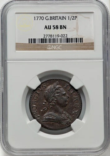 イングランド ジョージ3世 1770年 ハーフペニー銅貨、CHOICE AU、NGC AU58認定