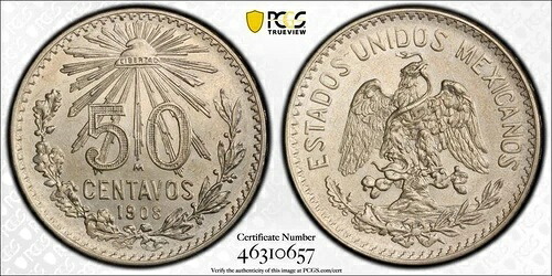1908年 Mo PCGS AU58 - メキシコ - 50センタボ 50セント硬貨 #46033A 108,900円