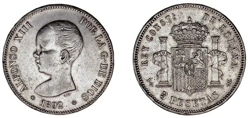 5 シルバー ペセタ / 5 ペセタ プラタ。デュロ。マドリッド・アルフォンソ13世。 1892年*。 XF。