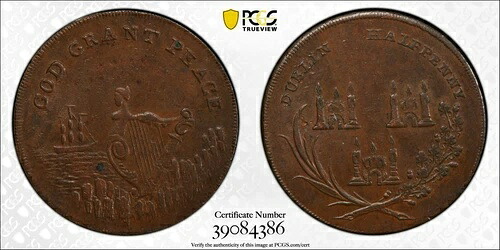 1790年 ダブリン アイルランド ハーフペニートークン ダルトン＆ハマー 14 DH-14 PCGS AU-55 希少