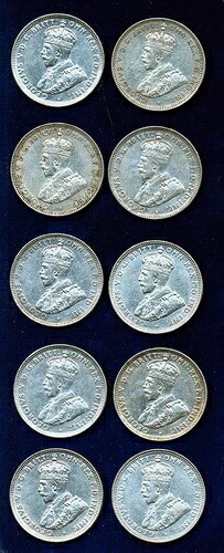 オーストラリア ジョージ5世 1927-M 1シリング銀貨、ほぼXFコイン（10枚）