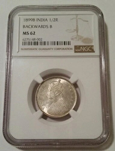NGC インド - 英国ビクトリア 1899 B 銀貨 1/2 ルピー 裏返し B MS62