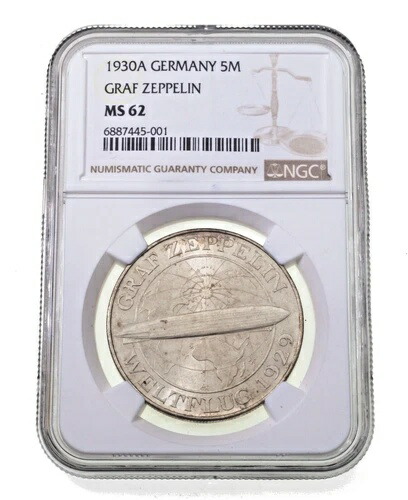 1930年 ドイツ 5 マルク・グラーフ ツェッペリン飛行隊 NGC による MS-62、KM 68 の評価