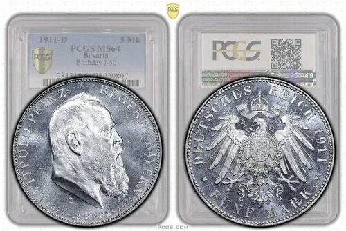 ドイツ、バイエルン、オットー、5マルク、1911年、ルイトポルト、回転、プルーフライク、PCGS MS 64