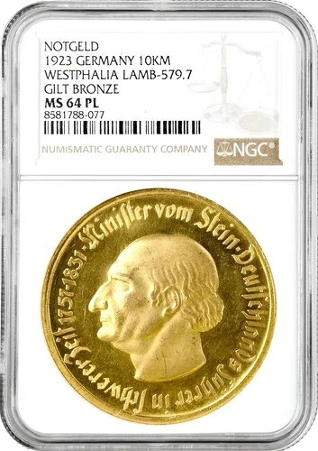 ウェストファリア 10000 マーク 1923、NGC MS64 PL NOTGELT、「Freiherr vom Stein」ポップ 1/1
