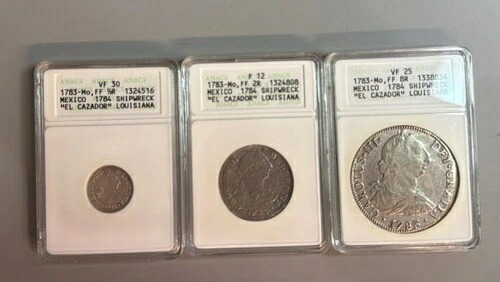 1783年「エル・カザドル」難破船 3コインセット F12-VF30!! 8レアル、2レアル、1/2R画像