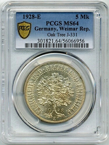 1928-E 5マルク ドイツ・ワイマール共和国、オークツリー - チョイス UNC、PCGS MS64