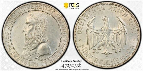 ドイツ ヴァイマルク 1927F テュービンゲン 5 ライヒスマルク - PCGS UNC 詳細