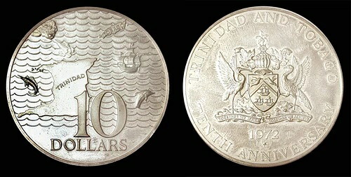 トリニダード・トバゴ 1972年 FM 10ドル金貨、マット仕上げ、希少、125枚打刻、多くは溶解