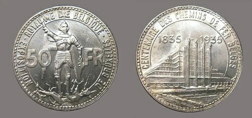 ベルギー 1935 50 FR。希少なCHBU、ベルギー製、シャープなディテール、ラスターフィールド、非常に良好