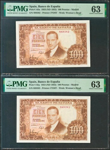 100ペセタ。1953年4月7日。相関ペア。シリーズなし。(Edifil 2021: 4)