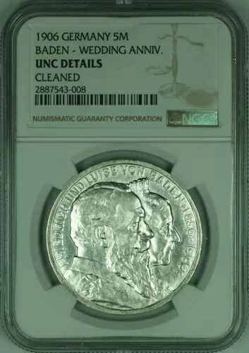 1906年 ドイツ バーデン 5マルク銀貨 金婚式記念 NGC UNC クリーニング済み