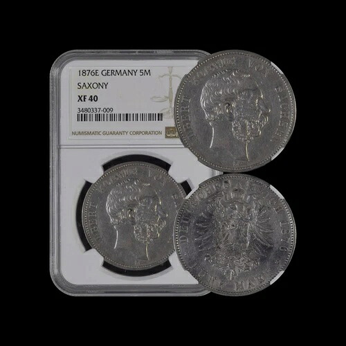 ドイツ。1876年、5マルク、銀、E - NGC XF40 - ザクセン＝アルベルティーヌ、鷲