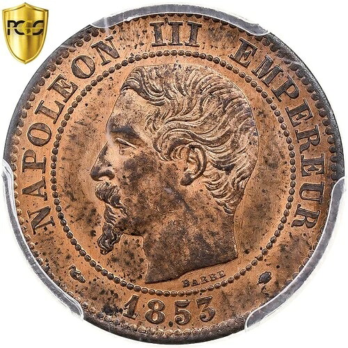 [#909376] フランス、ナポレオン 3 世、2 サンタイム、1853 年、マルセイユ、ブロンズ、PCGS、MS64R｜WORLD RESOURCE【QUEEN店】