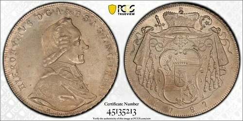 1787-M オーストリア - ザルツブルク ターラー、ヒエロニムス・フォン・コロレド - PCGS UNC 詳細