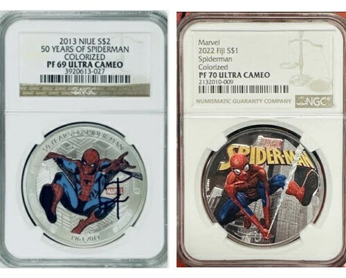 スパイダーマン .999 シルバーコイン 2枚 2013 NGC 50周年記念 PF69 UC & 2022 マーベル PF70 UC|WORLD RESOURCE【QUEEN店】