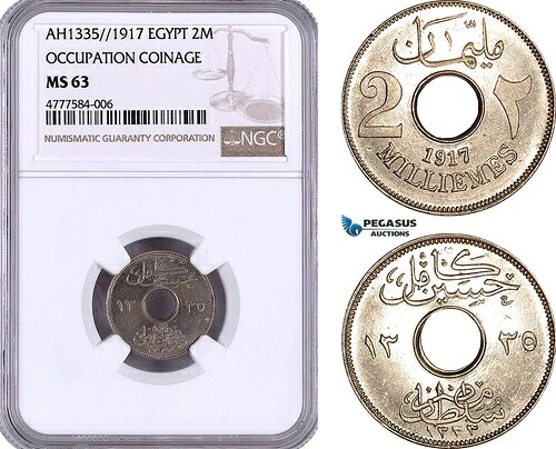 AE950、エジプト、占領期貨幣、2ミリエーム AH1335 / 1917、ロンドン、NGC MS63 121,550円