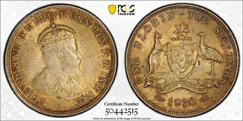 オーストラリア、1910年エドワード7世フローリン。PCGS AU 58。発行枚数1,259,000枚。