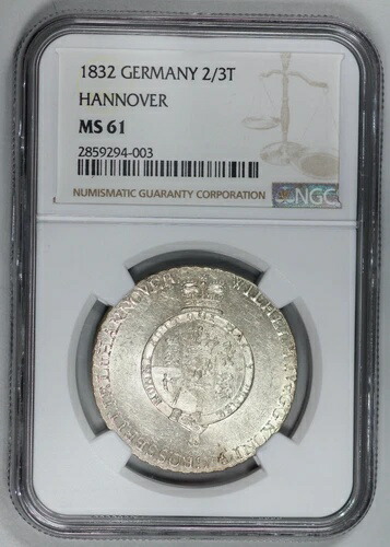 トップポップ！1832年 ドイツ ハノーバー銀貨 2/3ターラー 1832 NGC MS61 UNC 121,550円