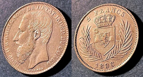 コンゴ自由国 1896年 2フラン KM-7 銀貨 (.835) 10万枚 発行 XF+～aUNC #100
