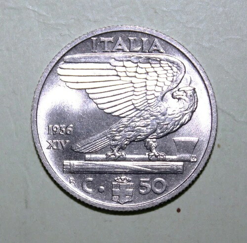 S12 - イタリア 50 Centesimi 1936R ブリリアント 未流通ニッケルコイン ***非常に希少