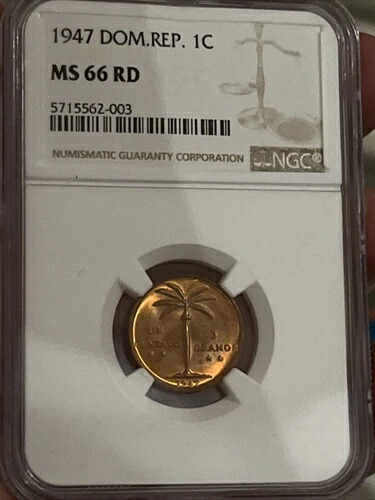 ドミニカ共和国 1センタボ 1947年 コイン、Km# 17、ヤシの木、NGC MS66