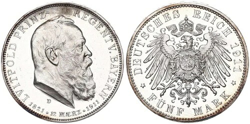 バイエルン 5マーク 1911 D ルイトポルド ほぼ未使用 ポリッシュ仕上げ 111722｜WORLD RESOURCE【QUEEN店】