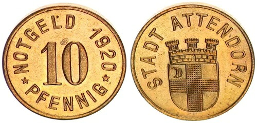アテンドルン 10 フェニヒ サンプル 1920 ブラス ストライク Vz-St 117105