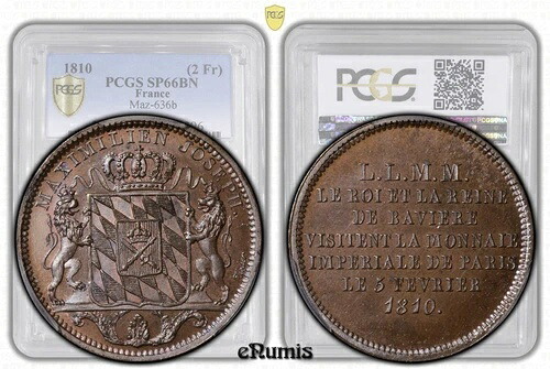 フランス、バイエルン、2フラン、1810年、造幣局訪問、トップポップ、PCGS SP 66 BN