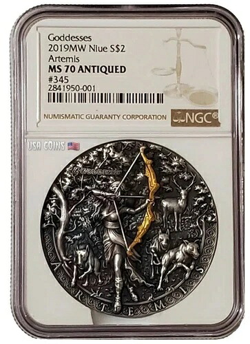 2019 2オンス シルバー $5 ニウエ 女神アルテミス NGC MS70 アンティーク仕上げコイン。 143,000円