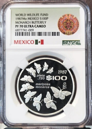 1987年 メキシコ シルバー 100ペソ モナークバタフライ NGC PF 70 ウルトラカメオ レア