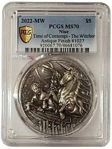 2022年 2オンス シルバー 5ドル ニウエ ウィッチャー 軽蔑の時 PCGS MS70 ゴールドシールドコイン