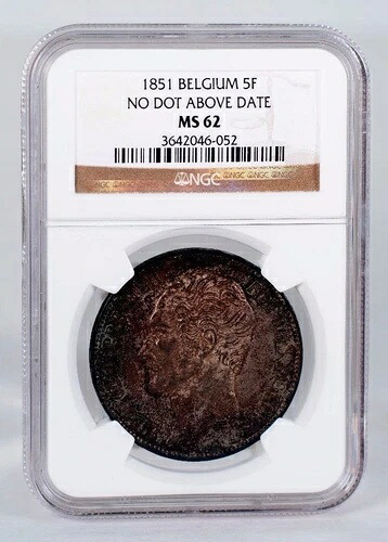 1851年 ベルギー 5フラン 「日付の上にドットなし」 NGC MS-62
