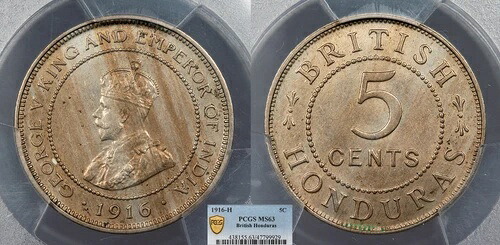 イギリス領ホンジュラス ジョージ5世 1916-H 5セント PCGS MS-63｜WORLD RESOURCE【QUEEN店】