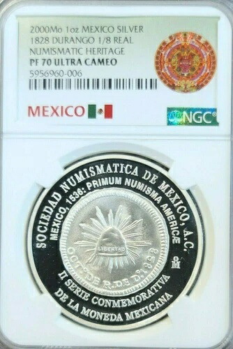 2000年 メキシコ シルバー 1828年 デュランゴ 1/8 実物 NGC PF 70 ウルトラカメオ 非常に希少