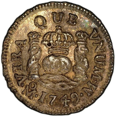 メキシコ: フェルディナンド 6 世、1/2 レアル柱 1749-Mo M、PCGS AU-53 メキシコシティ造幣局。