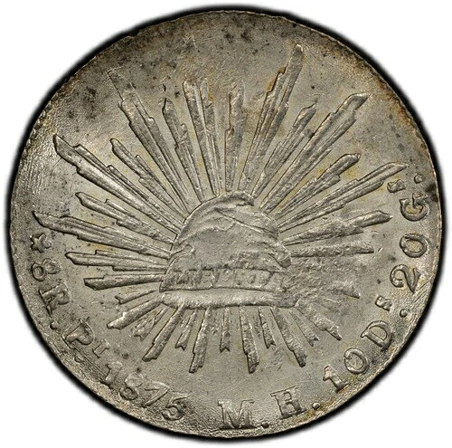 メキシコ シルバー 8 レアル 1875-Pi MH、サン・ルイス・ポトシ造幣局、PCGS MS-62! 光沢あり!