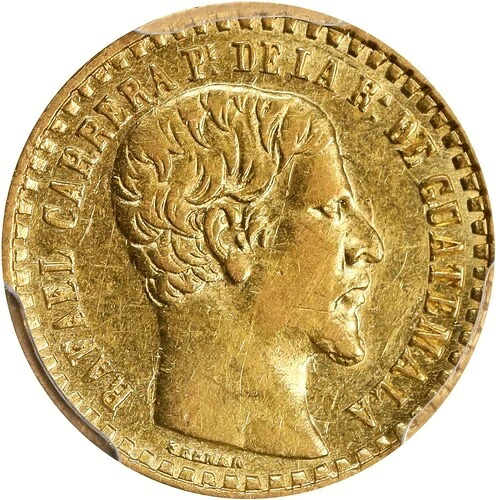グアテマラ：1860年-R金ペソ。グアテマラシティ造幣局発行、PCGS AU-50。2年刻印。希少