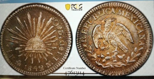 1842-Mo ML メキシコ 1/2 リアル PCGS MS63 ゴールドシールド、TRUEVIEW、NFC 人口 (4)