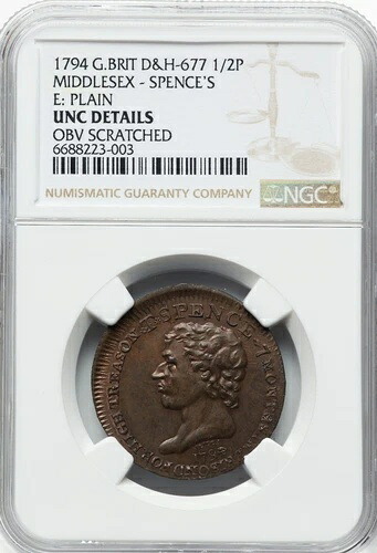 イギリス - 1794年 ミドルセックス - スペンスの1/2ペニートークン - NGC Unc 詳細！PQ