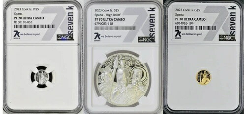 スパルタ戦士3体 7k 金属 2023 0.5g プラチナ 1オンス シルバー 0.5g ゴールド NGC PF70 UC