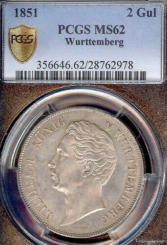 ドイツ諸州 ヴュルテンベルク 1851年 2グルデン硬貨 PCGS MS62 VZ/F.STG ターラー UNC 希少