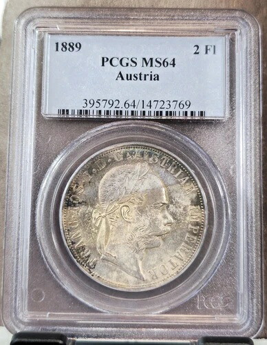 1889年 オーストリア 銀貨 2フローリン フランツ・ジョセフ PCGS MS 64 希少 美しい色調 BU|WORLD RESOURCE【QUEEN店】